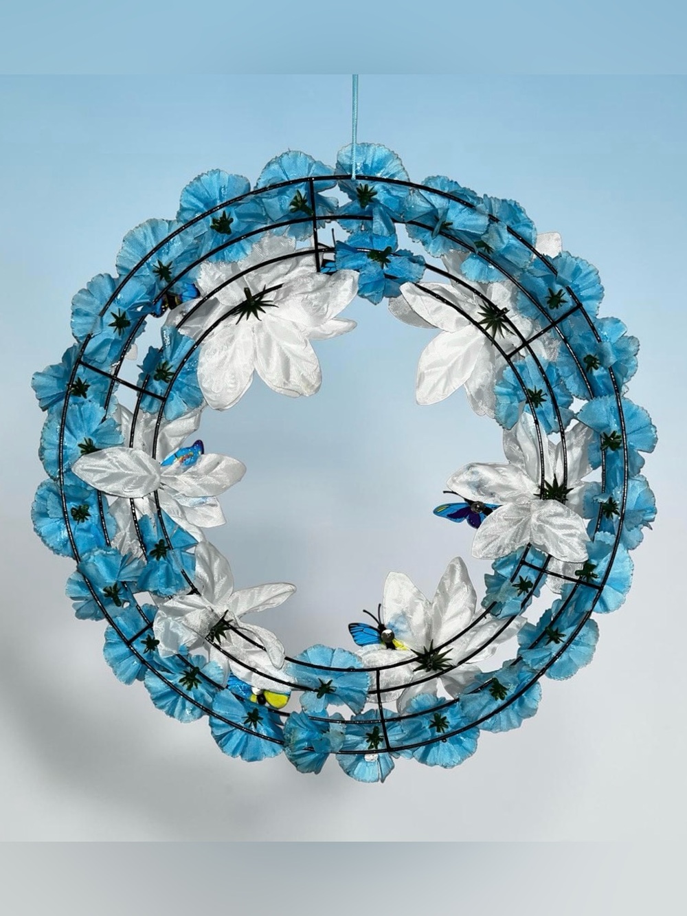 Blue & White Holiday Wreath with Butterfly Accents Hand Crafted - Picture 9 of 16
